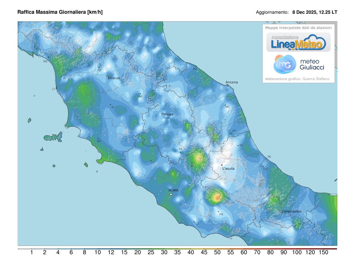 Raffiche massime registrate oggi sulle regioni del centro