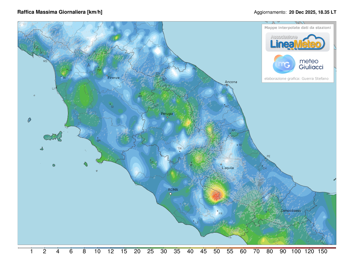 Raffiche massime registrate oggi sulle regioni del centro