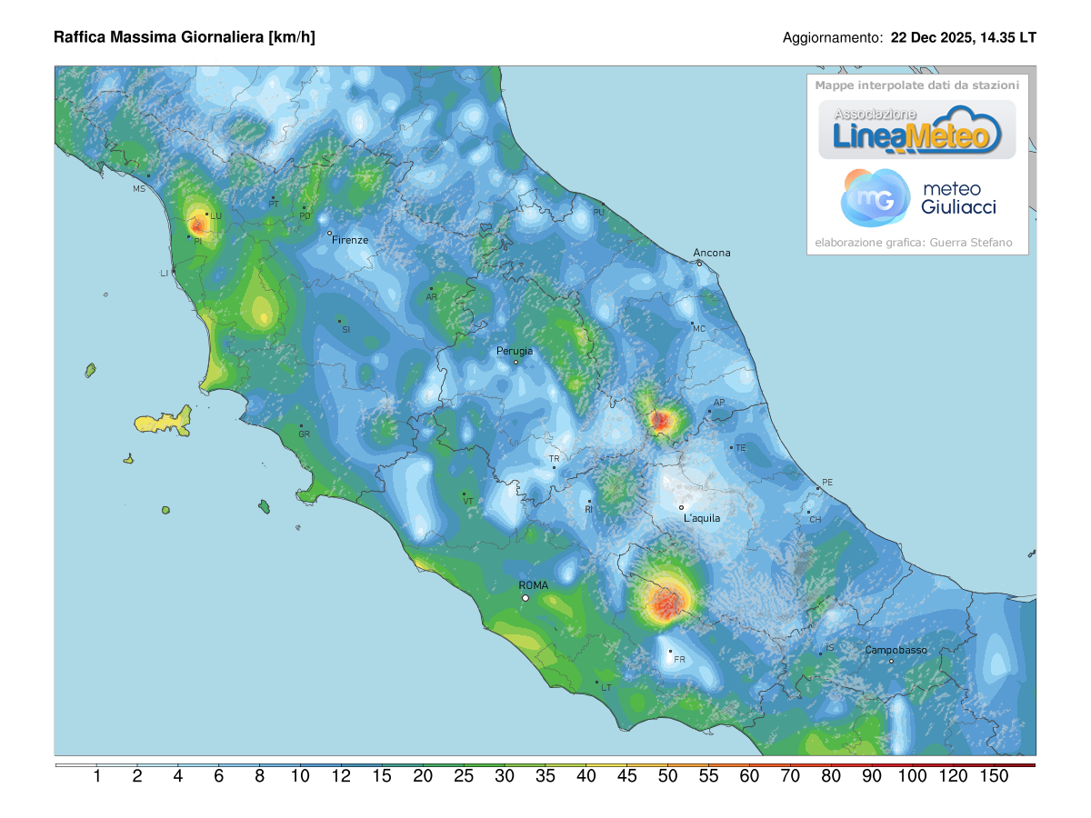 Raffiche massime registrate oggi sulle regioni del centro