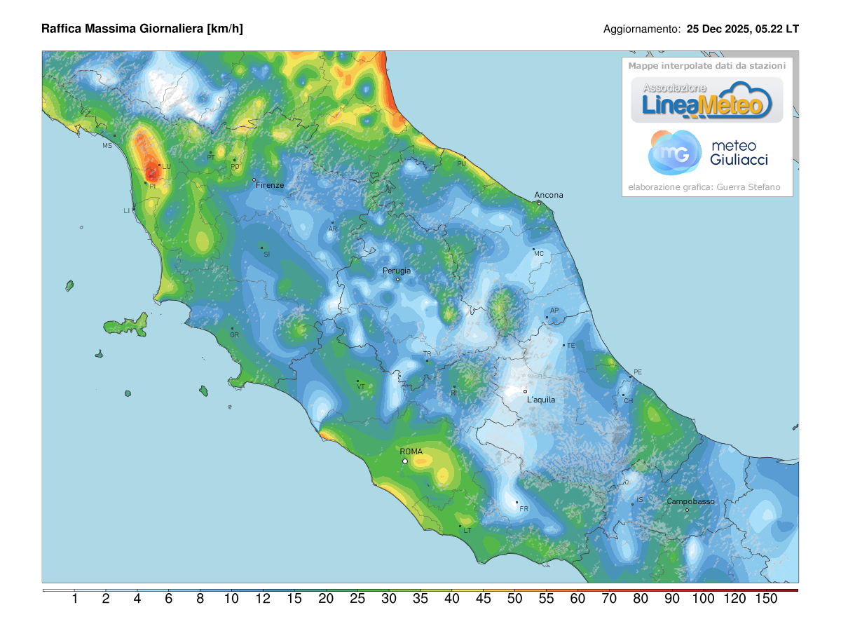 Raffiche massime registrate oggi sulle regioni del centro