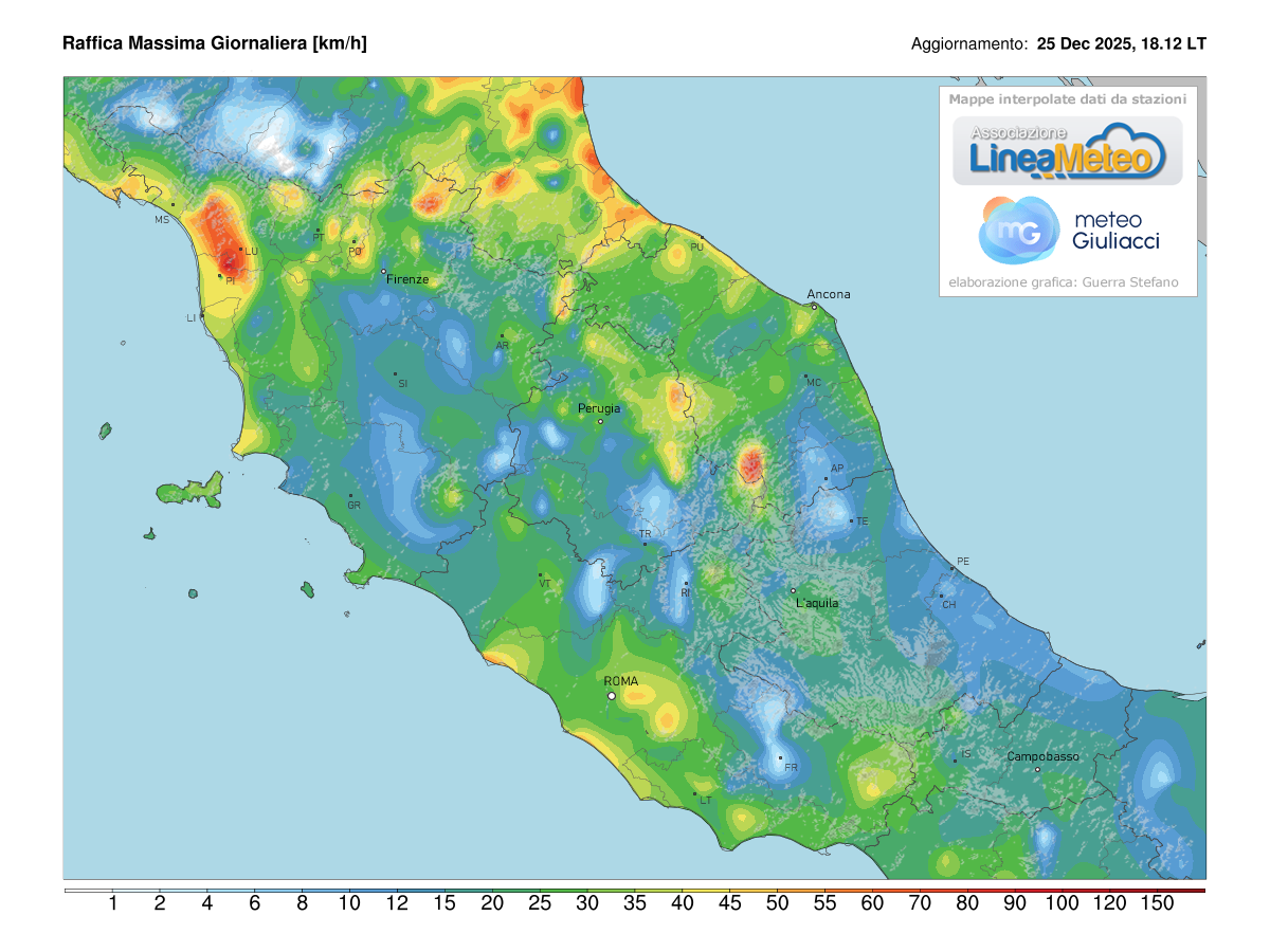 Raffiche massime registrate oggi sulle regioni del centro