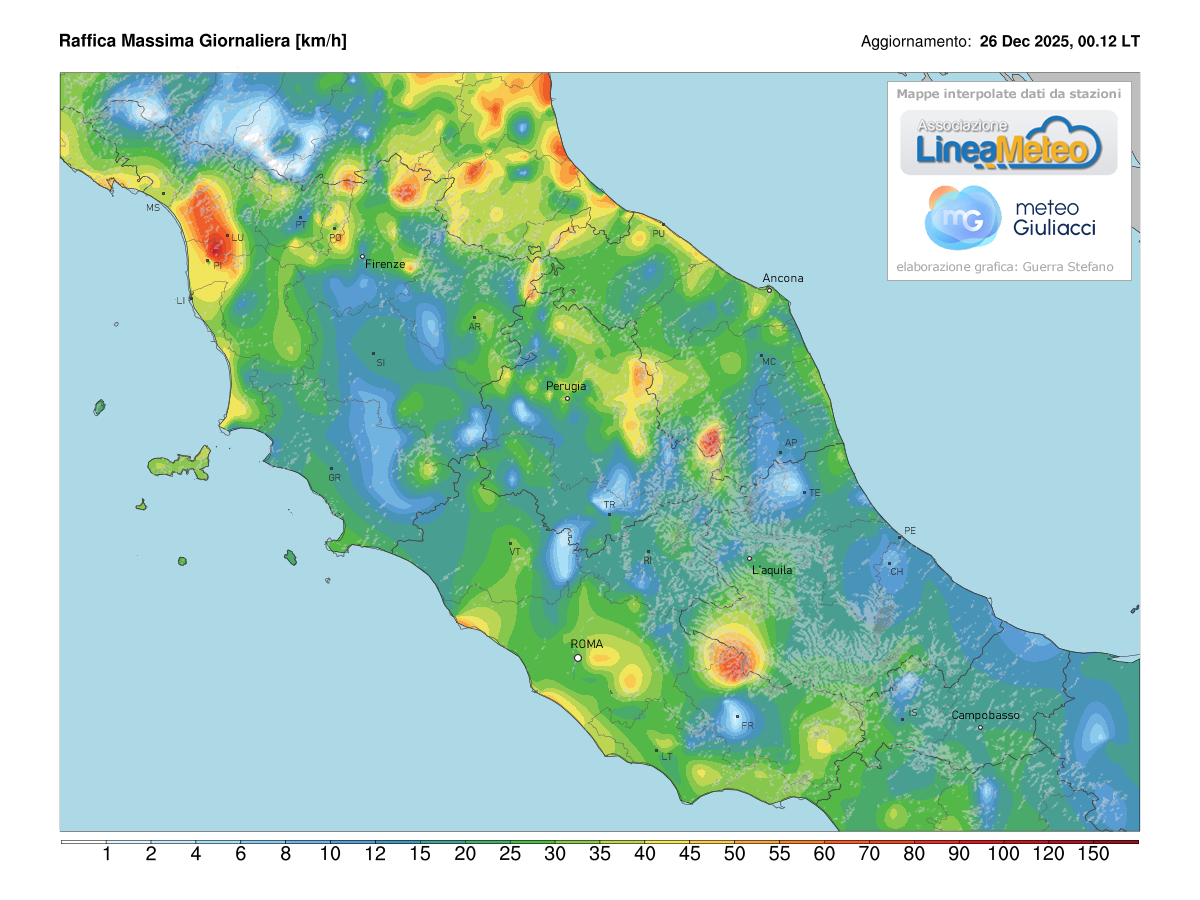 Raffiche massime registrate oggi sulle regioni del centro