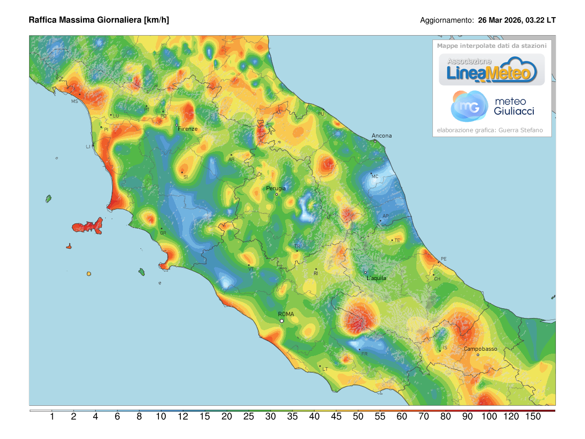 Raffiche massime registrate oggi sulle regioni del centro