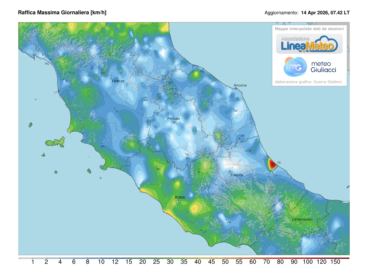 Raffiche massime registrate oggi sulle regioni del centro