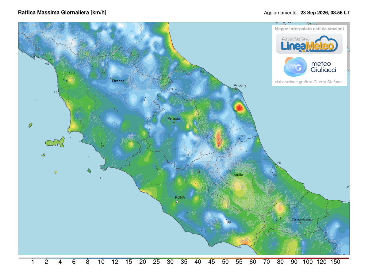 Raffiche massime registrate oggi sulle regioni del centro