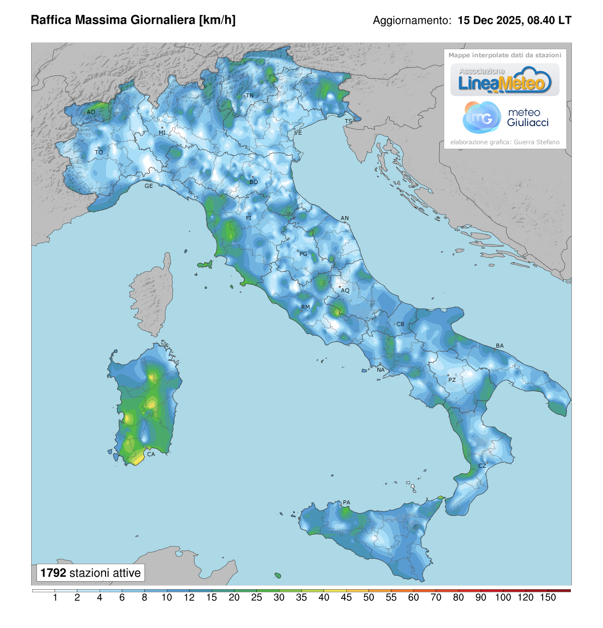 Raffiche massime registrate oggi in Italia