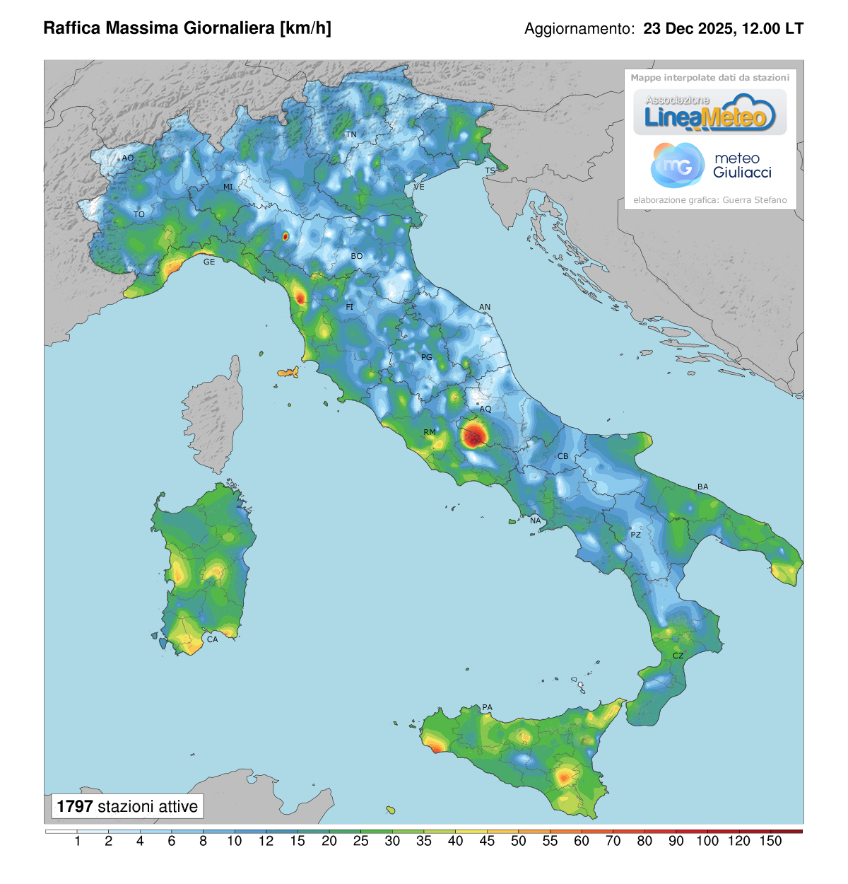Raffiche massime registrate oggi in Italia