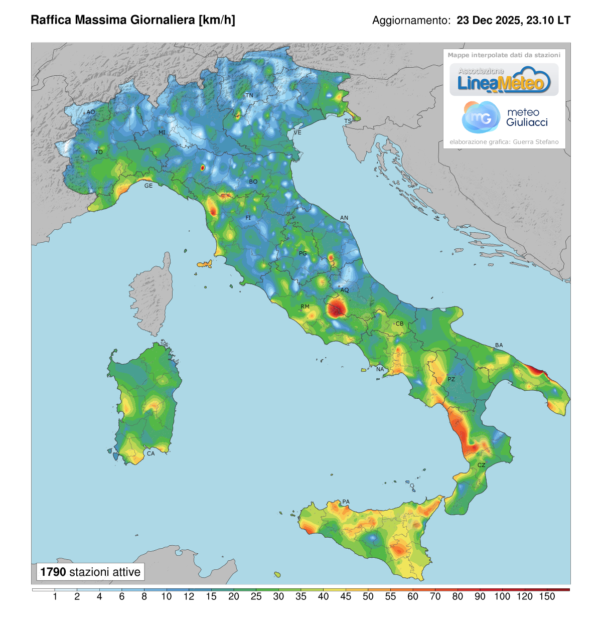 Raffiche massime registrate oggi in Italia