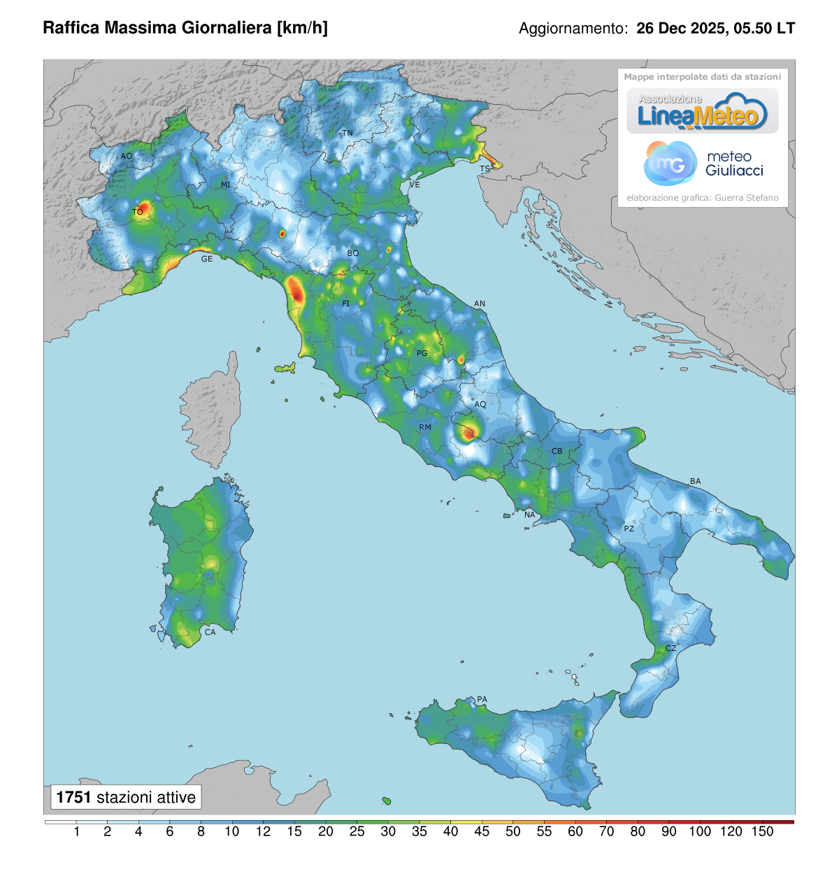 Raffiche massime registrate oggi in Italia