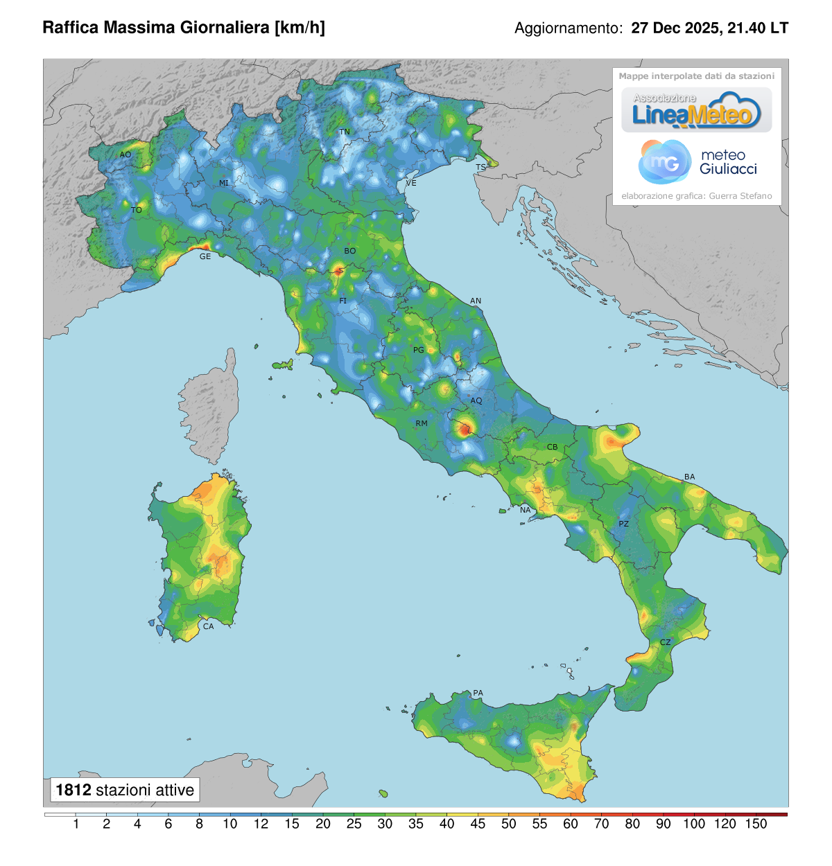 Raffiche massime registrate oggi in Italia