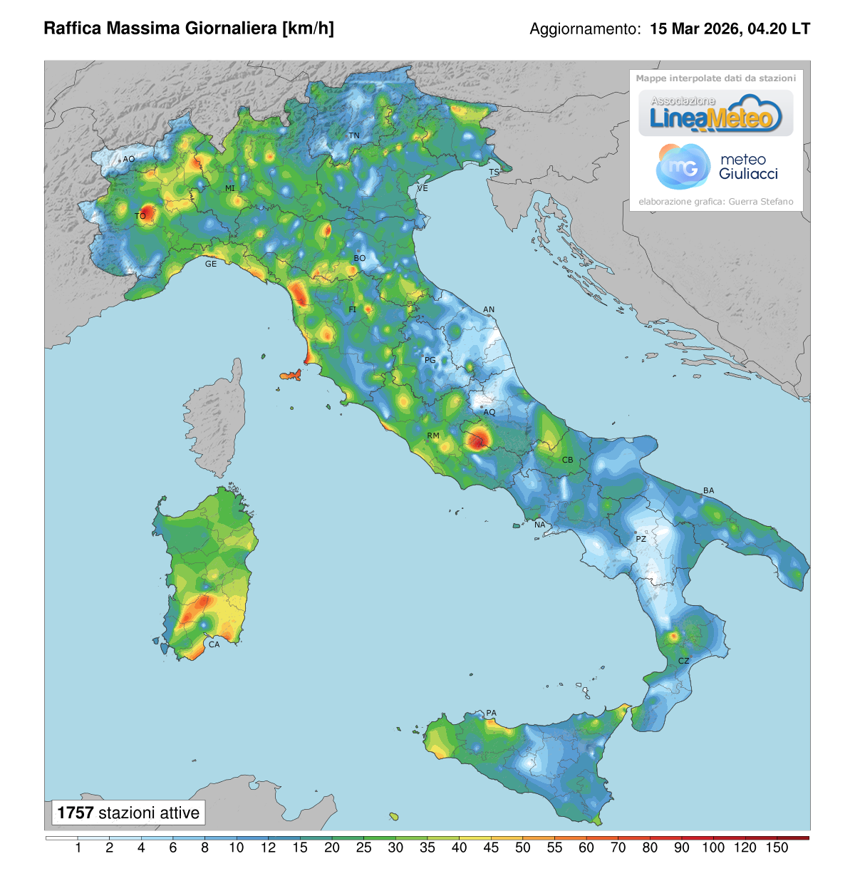 Raffiche massime registrate oggi in Italia