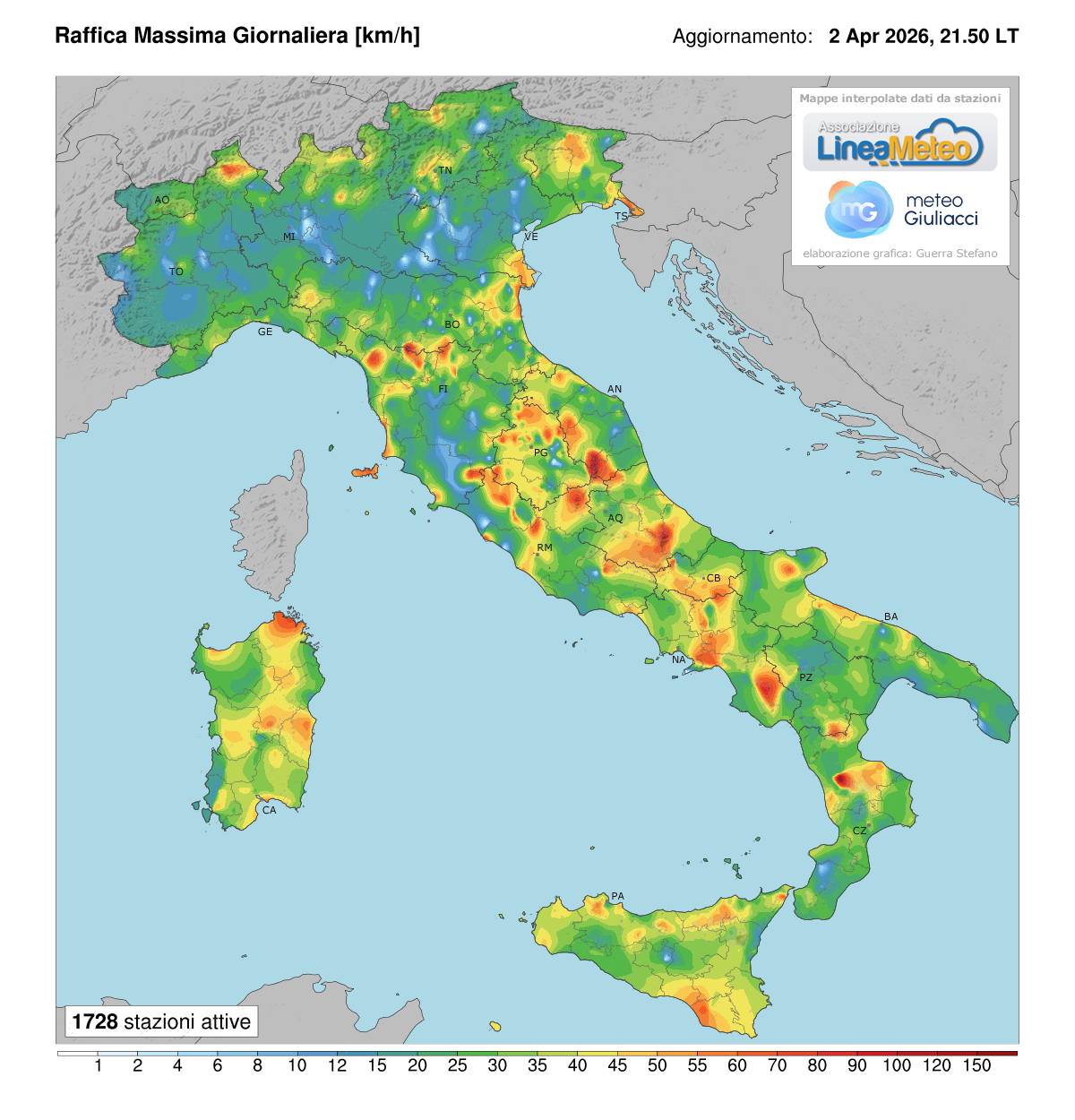 Raffiche massime registrate oggi in Italia