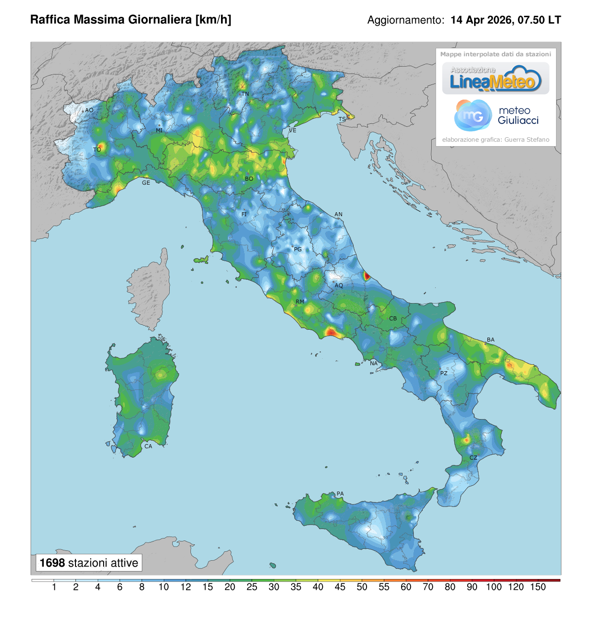 Raffiche massime registrate oggi in Italia