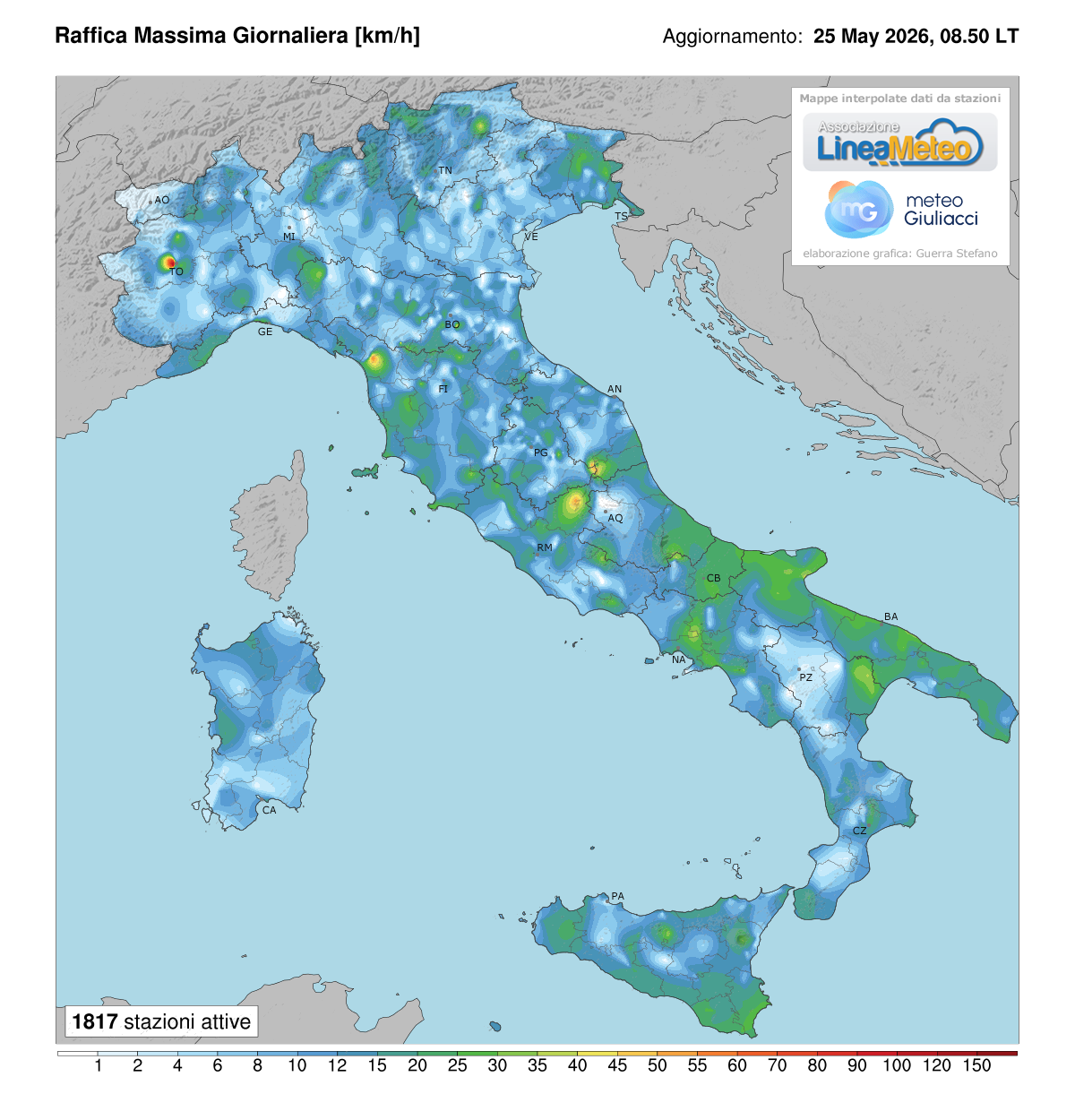 Raffiche massime registrate oggi in Italia