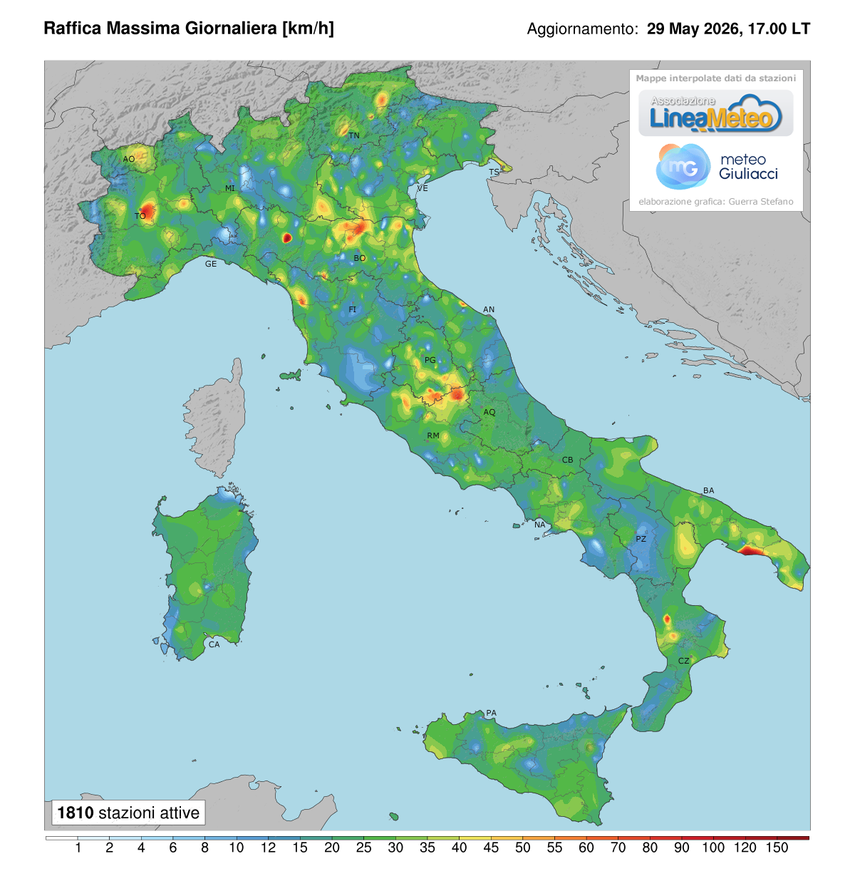 Raffiche massime registrate oggi in Italia