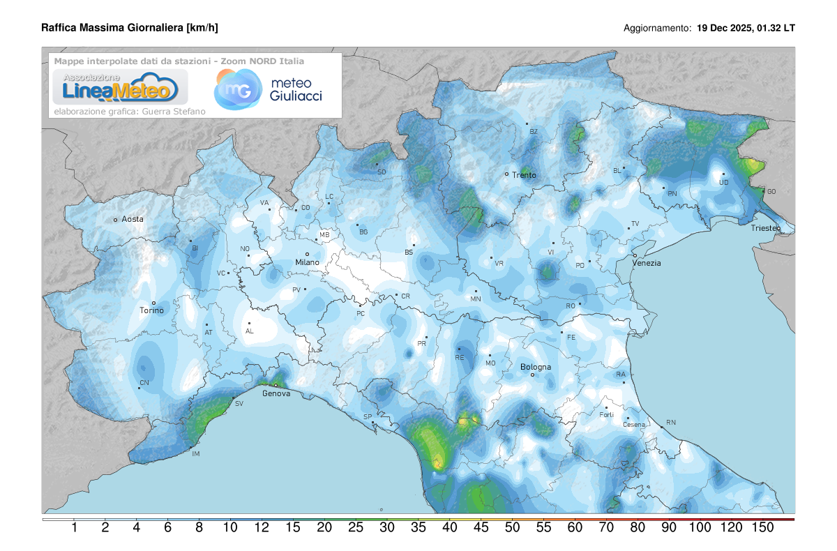 Raffiche massime registrate oggi sulle regioni del nord