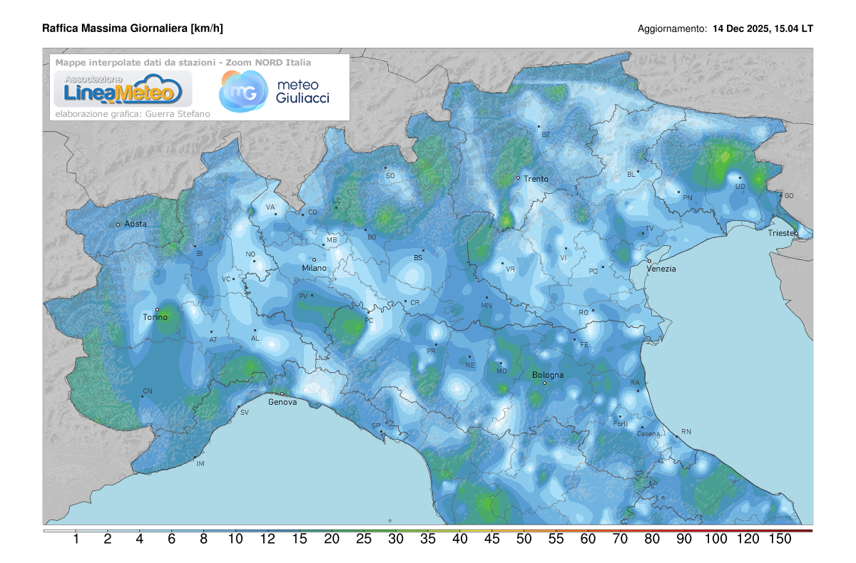 Raffiche massime registrate oggi sulle regioni del nord
