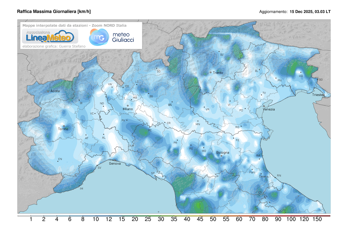 Raffiche massime registrate oggi sulle regioni del nord