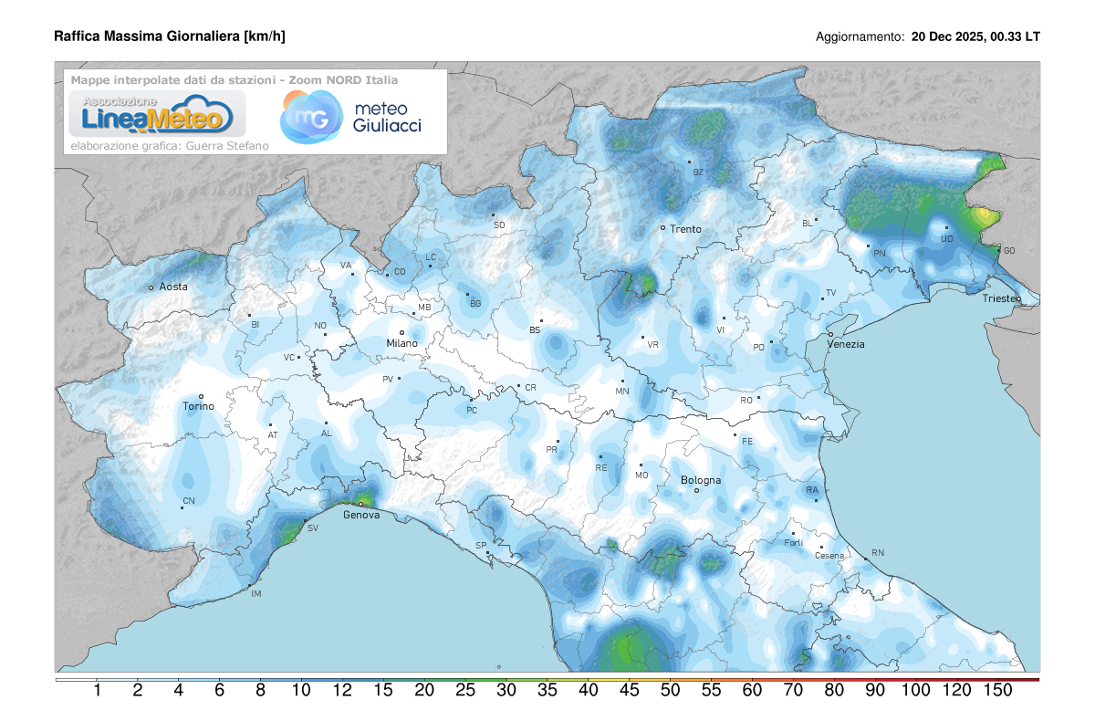 Raffiche massime registrate oggi sulle regioni del nord
