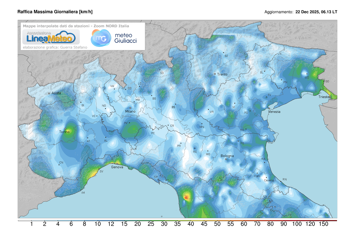 Raffiche massime registrate oggi sulle regioni del nord