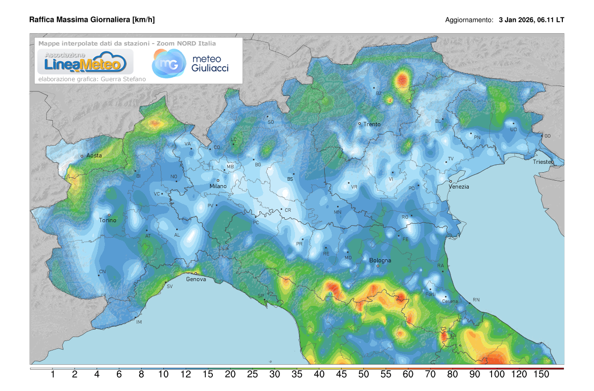 Raffiche massime registrate oggi sulle regioni del nord