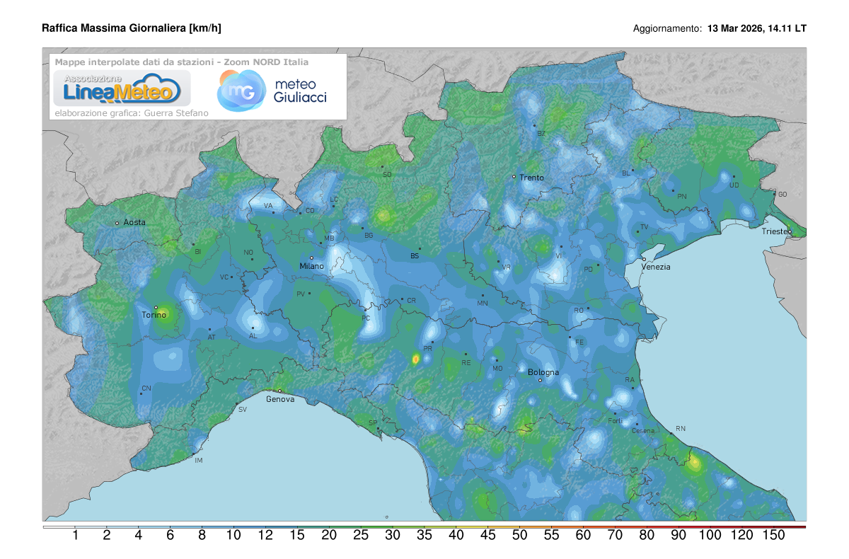Raffiche massime registrate oggi sulle regioni del nord