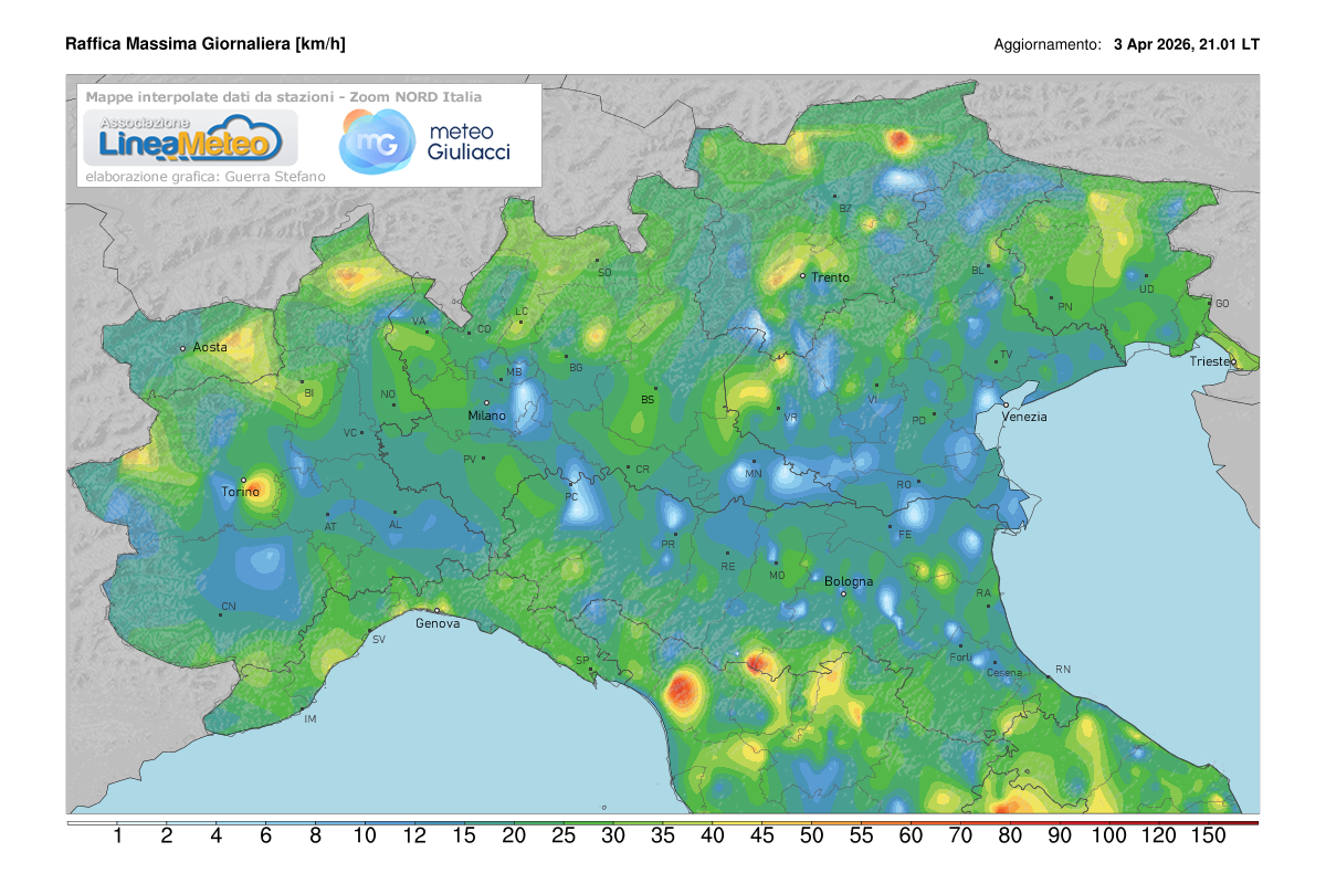 Raffiche massime registrate oggi sulle regioni del nord