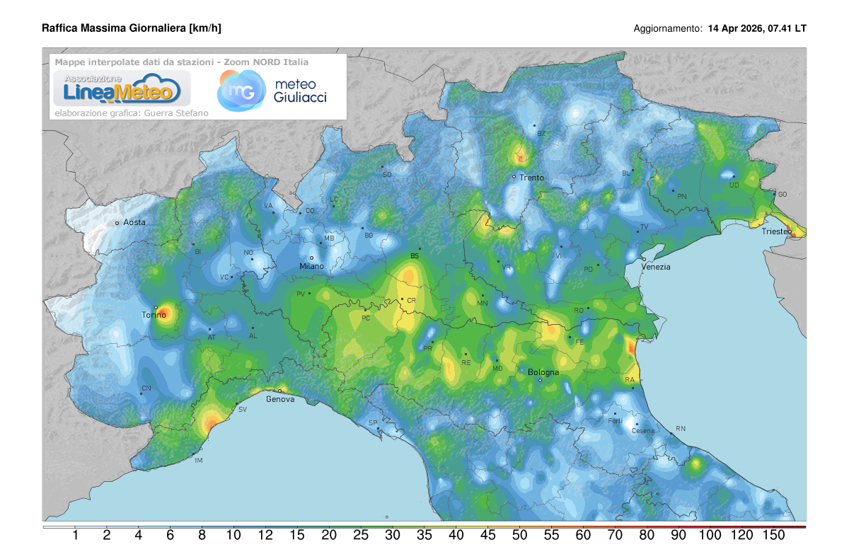 Raffiche massime registrate oggi sulle regioni del nord