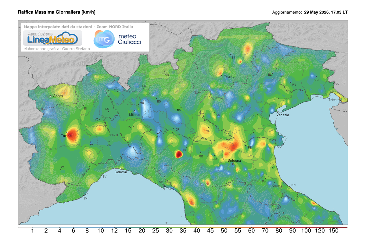 Raffiche massime registrate oggi sulle regioni del nord