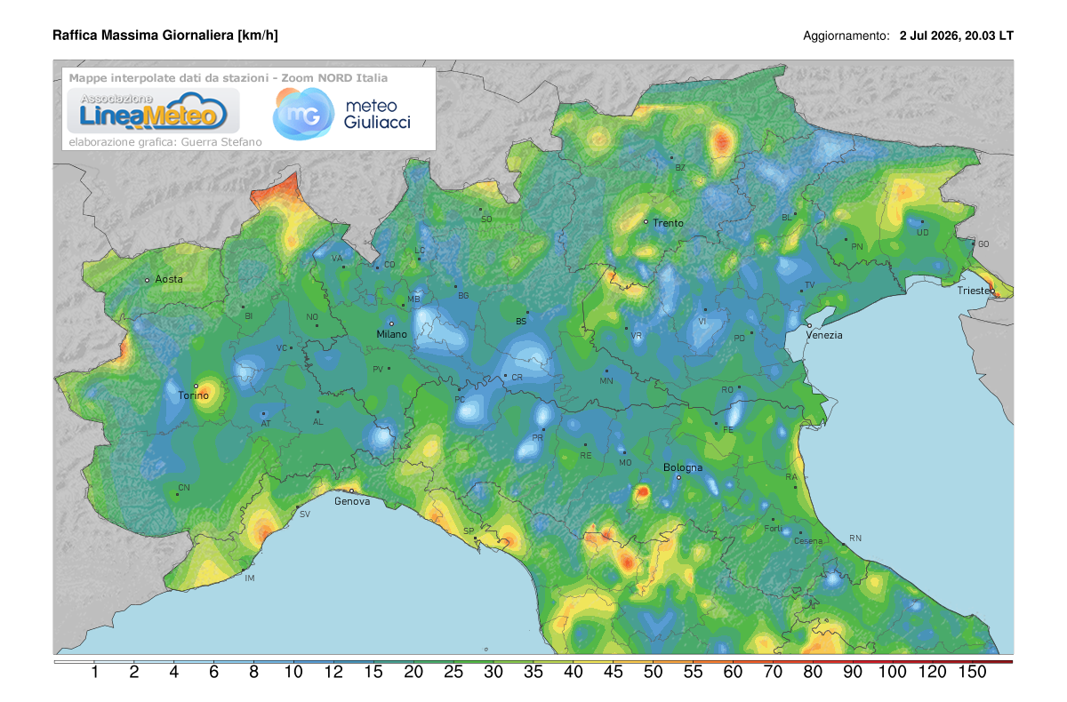 Raffiche massime registrate oggi sulle regioni del nord