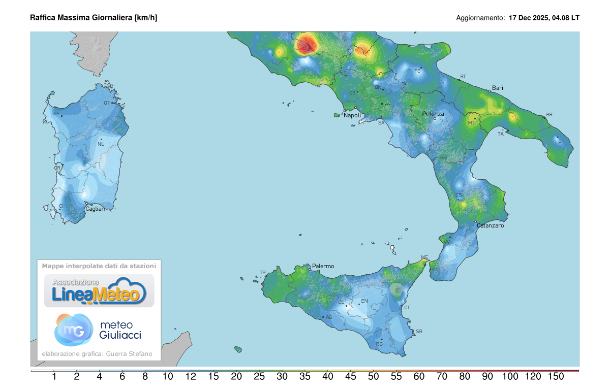 Raffiche massime registrate oggi sulle regioni del sud