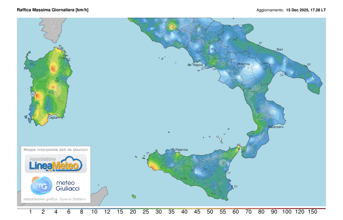 Raffiche massime registrate oggi sulle regioni del sud