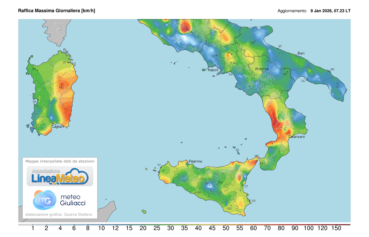Raffiche massime registrate oggi sulle regioni del sud
