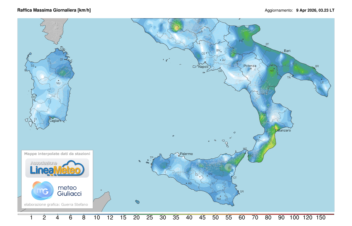 Raffiche massime registrate oggi sulle regioni del sud
