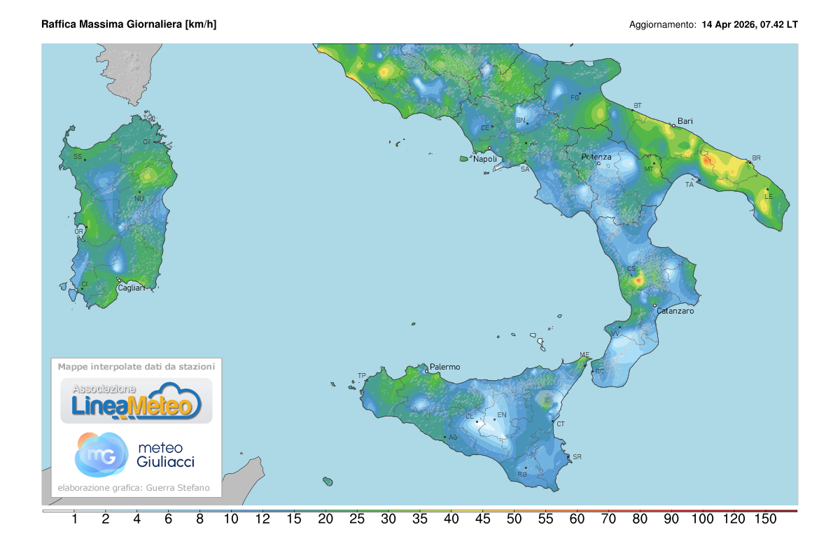 Raffiche massime registrate oggi sulle regioni del sud