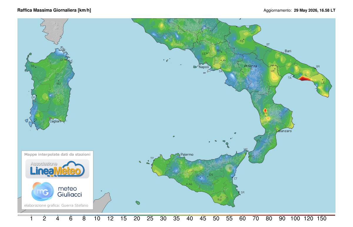 Raffiche massime registrate oggi sulle regioni del sud