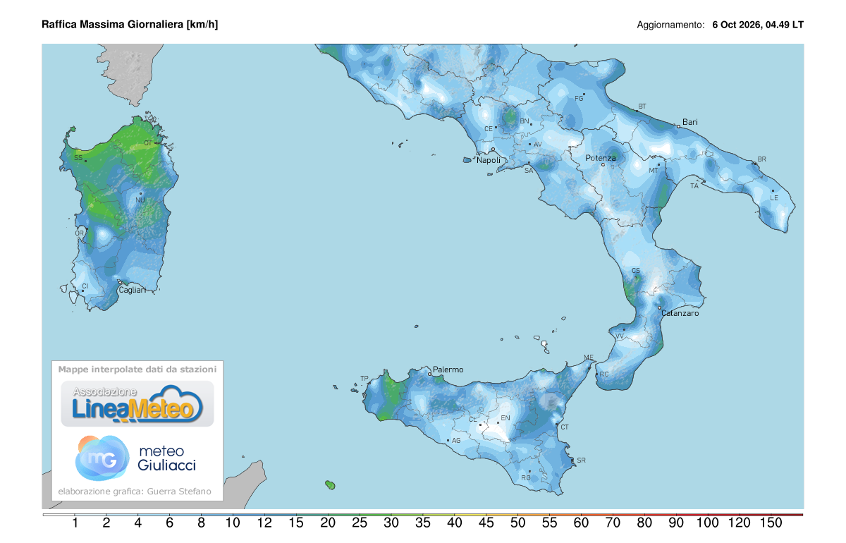 Raffiche massime registrate oggi sulle regioni del sud
