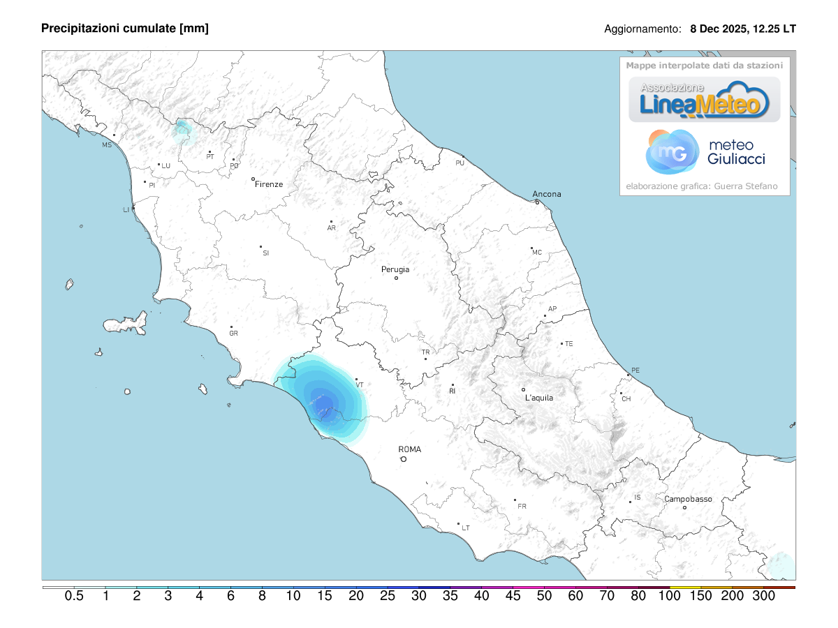 Precipitazioni accumulate oggi sulle regioni del centro