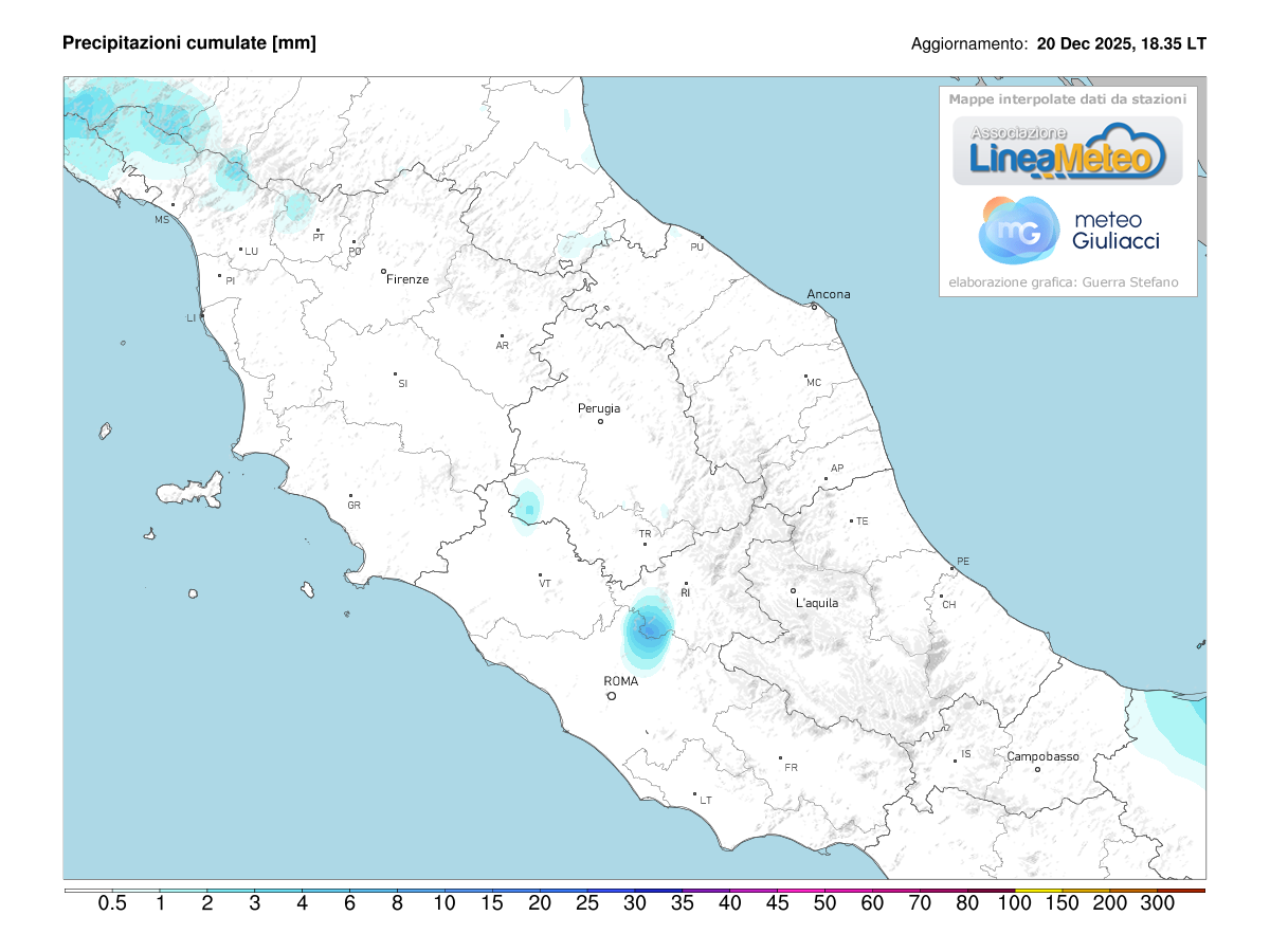 Precipitazioni accumulate oggi sulle regioni del centro