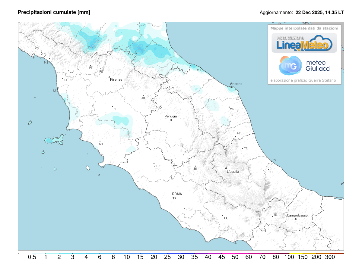 Precipitazioni accumulate oggi sulle regioni del centro