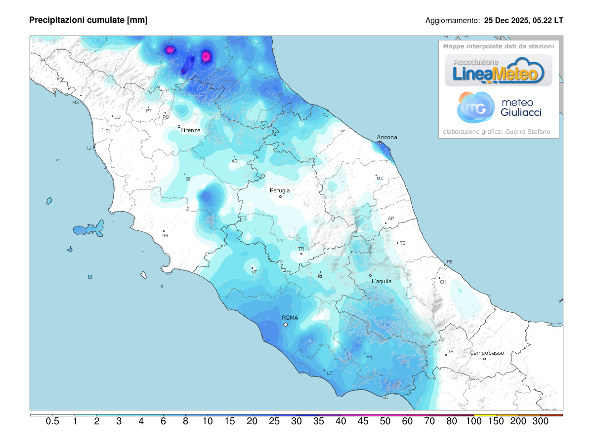 Precipitazioni accumulate oggi sulle regioni del centro