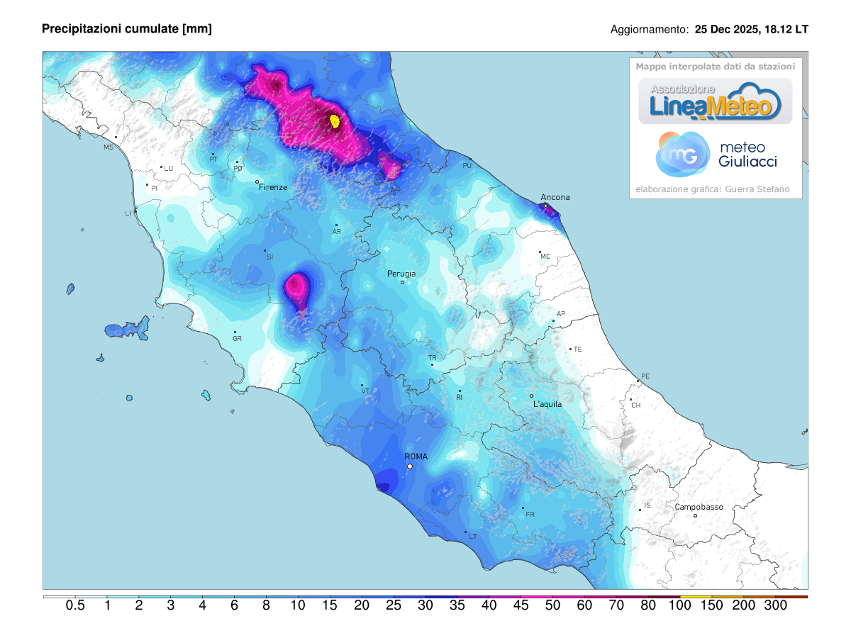 Precipitazioni accumulate oggi sulle regioni del centro