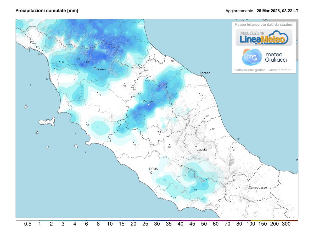 Precipitazioni accumulate oggi sulle regioni del centro