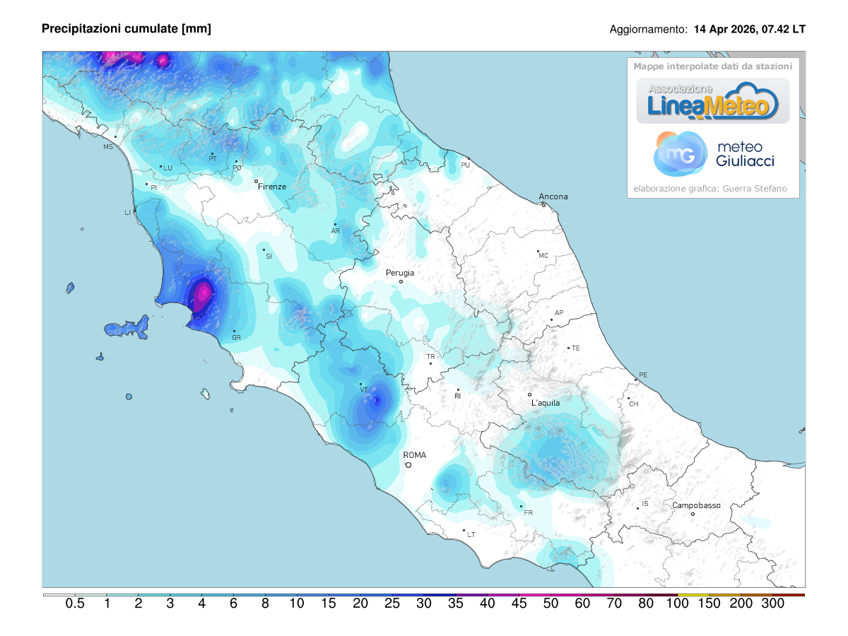 Precipitazioni accumulate oggi sulle regioni del centro
