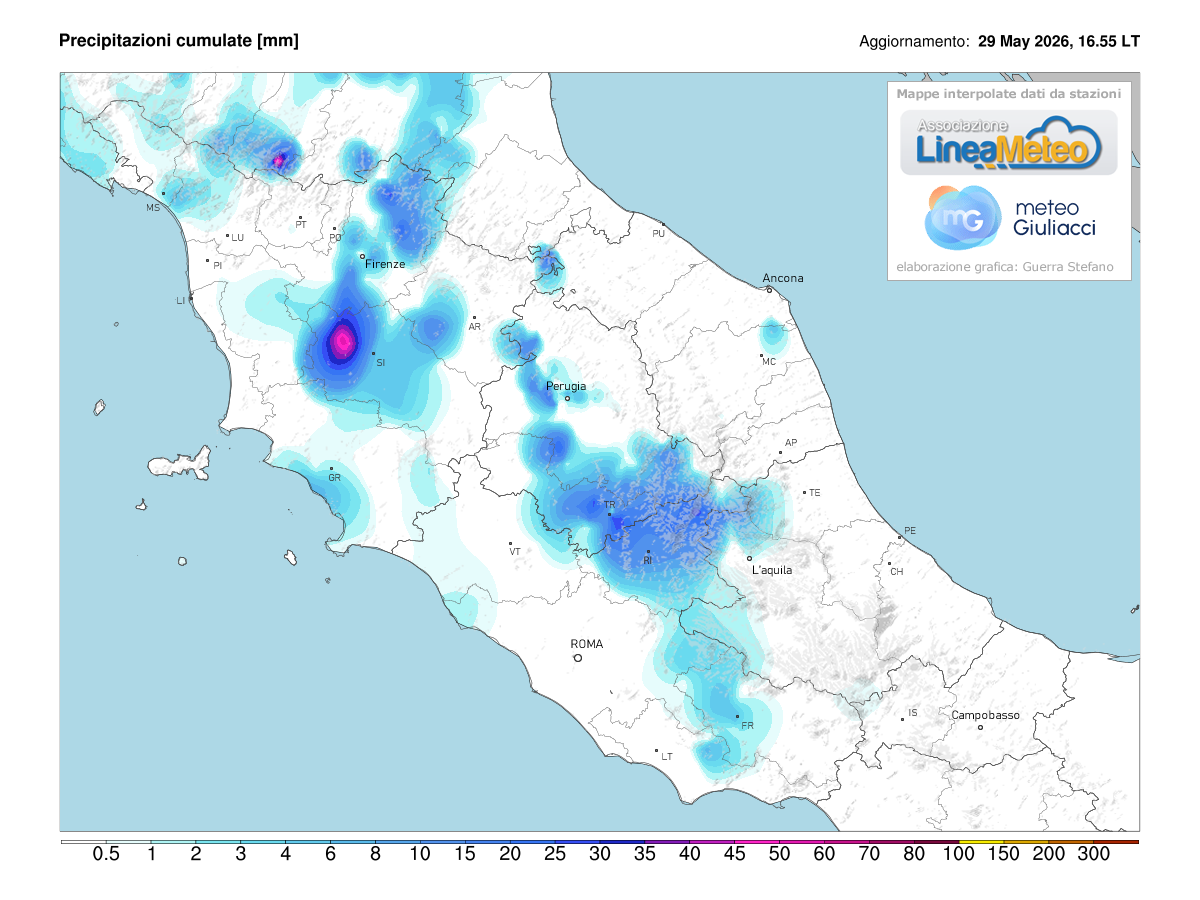Precipitazioni accumulate oggi sulle regioni del centro