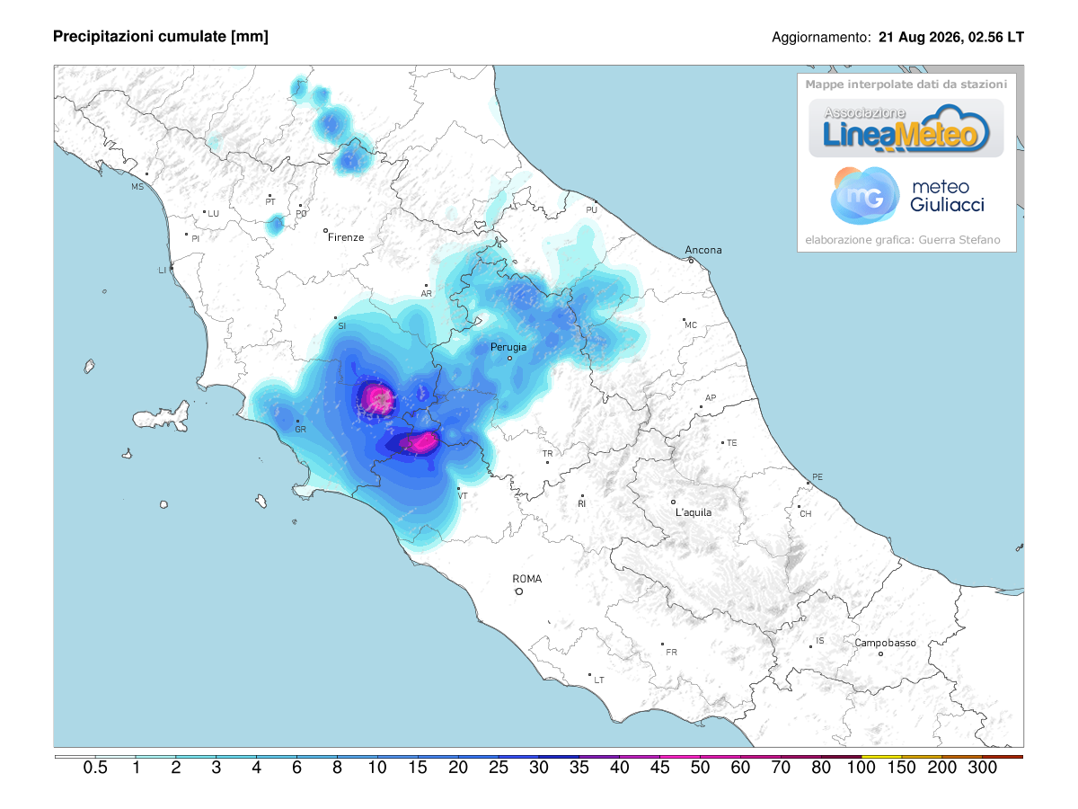 Precipitazioni accumulate oggi sulle regioni del centro