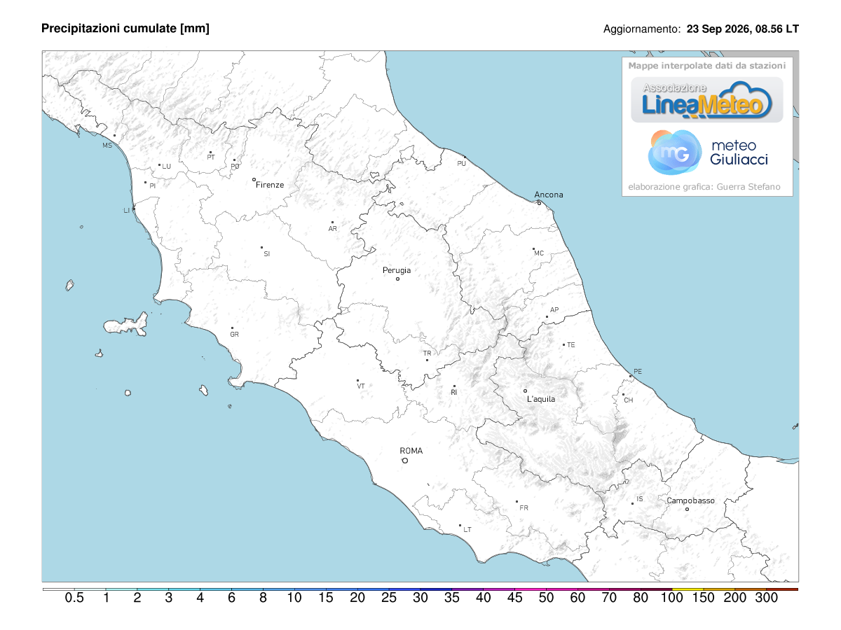 Precipitazioni accumulate oggi sulle regioni del centro