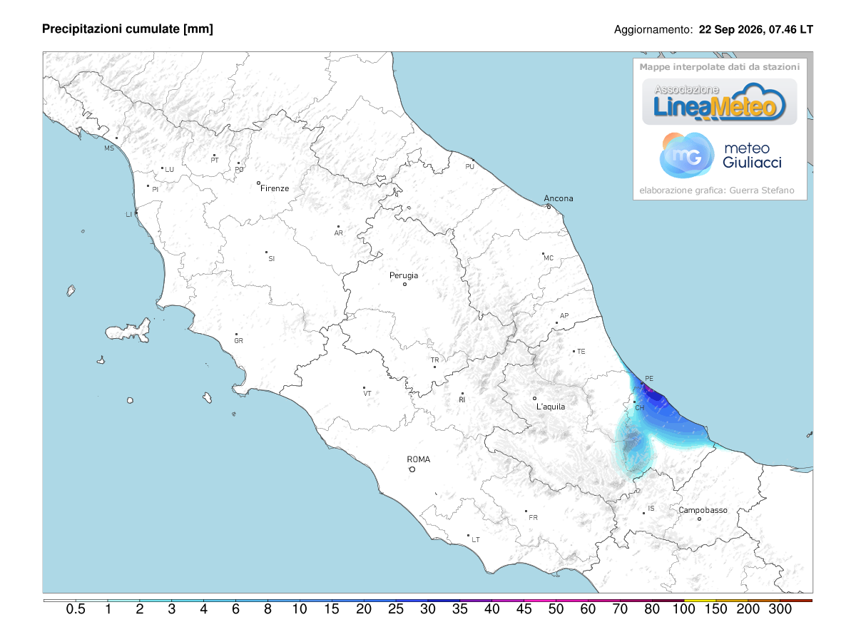 Precipitazioni accumulate oggi sulle regioni del centro