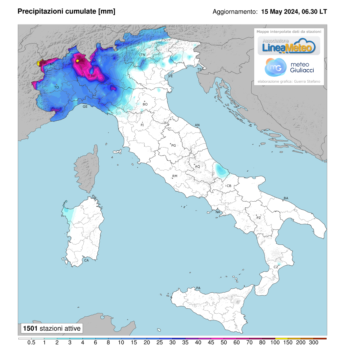Precipitazioni accumulate oggi in Italia
