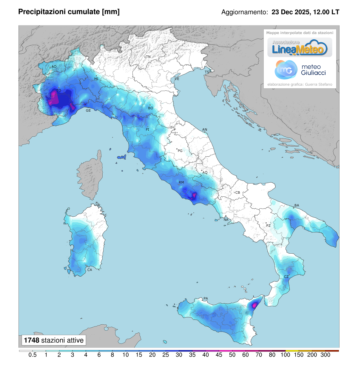 Precipitazioni accumulate oggi in Italia